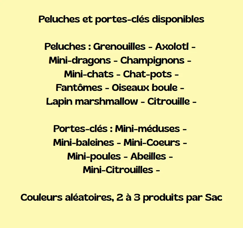 Contenu du bag mystère crochet - peluches artisanales et porte-clés cadeaux